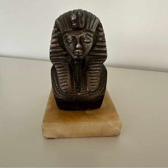 Vintage Egyptian King Tut Sphinx Pharaoh Metal Bust on Marble Base 4.5